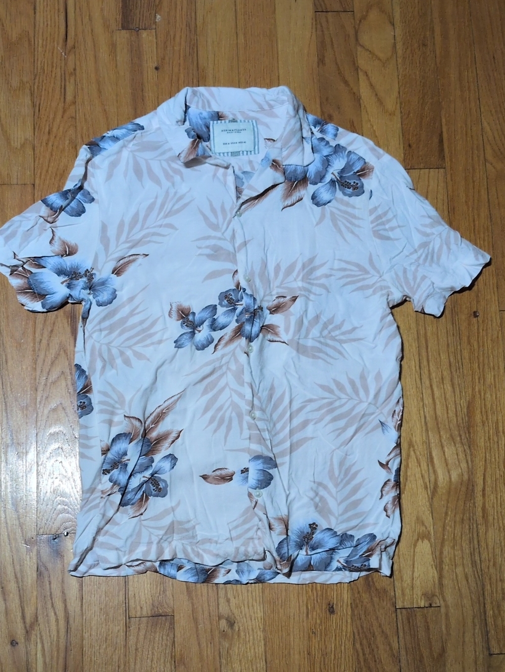 Denim & Flower Men's Short-Sleeve Floral Shirt - Blue & Cream M